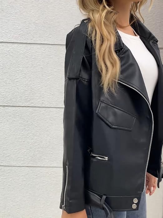 新品 over ribbon jacket LY VAREY LIN Women Black Faux Leather Jackets Zipper Casual